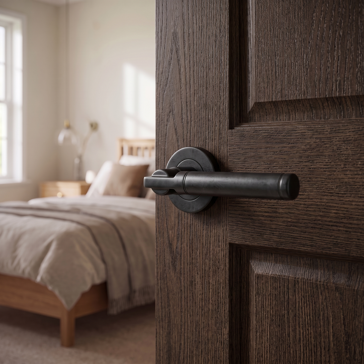 Enigma Matt Black Door Lever Handles – fitted on an interior door in a styled room setting 5