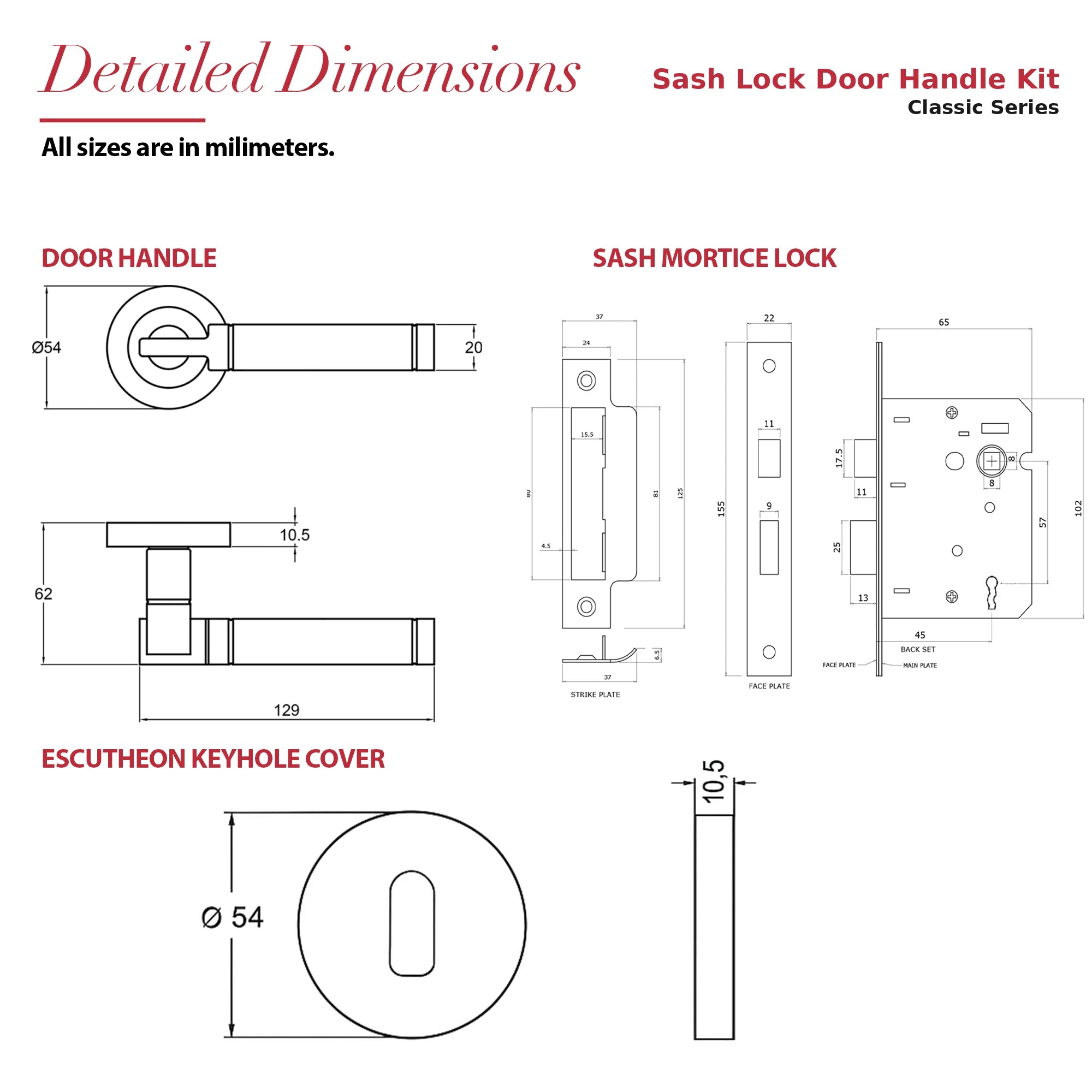 Enigma Matt Black Privacy Door Lever Handles – dimensions and measurements diagram
