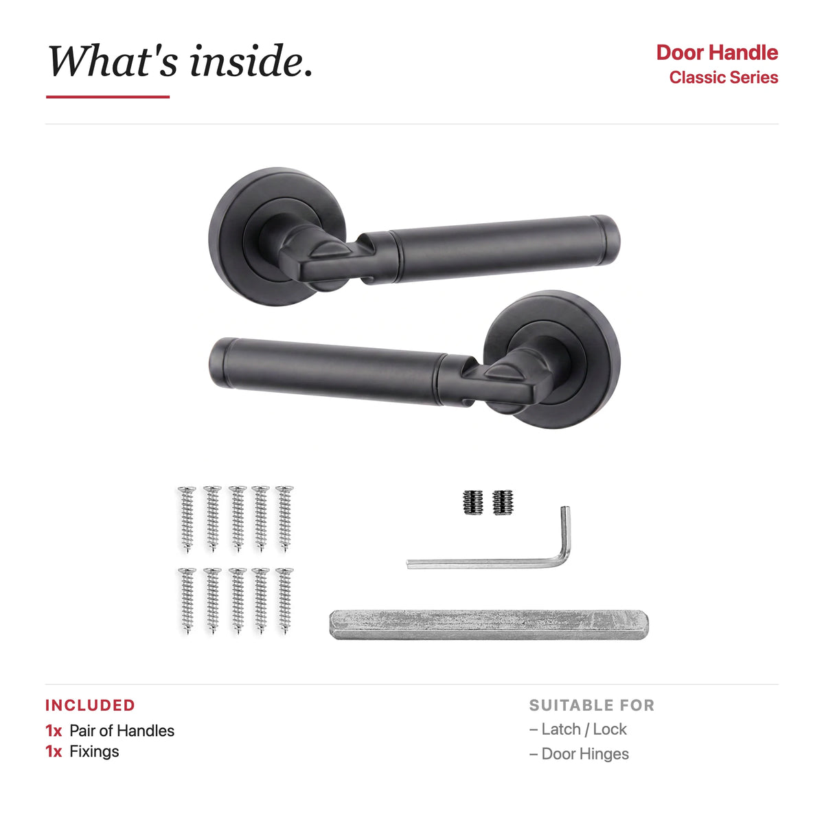 Enigma Matt Black Door Lever Handles – showing what's included in the box