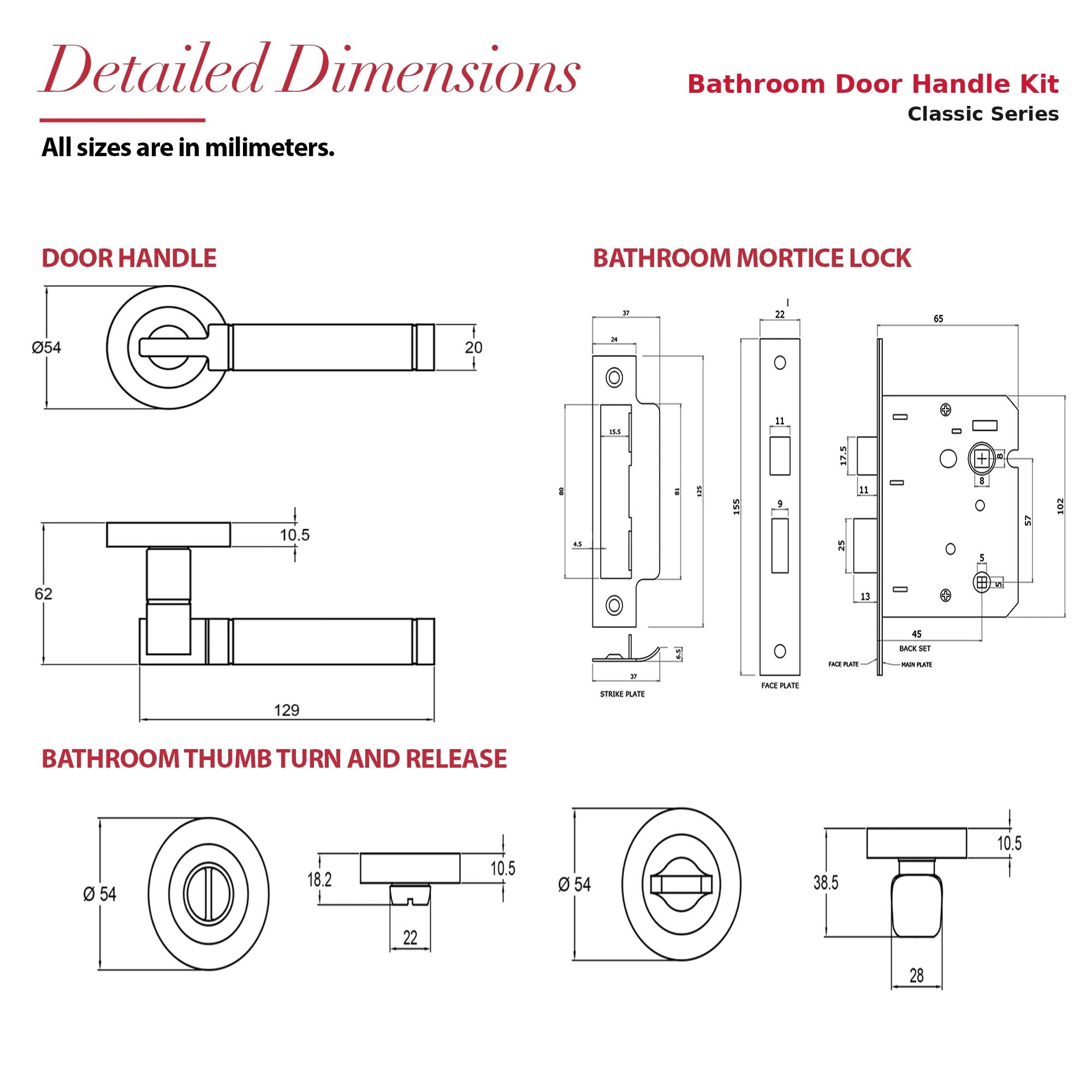 Enigma Duo Finish Bathroom Door Lever Handles – dimensions and measurements diagram