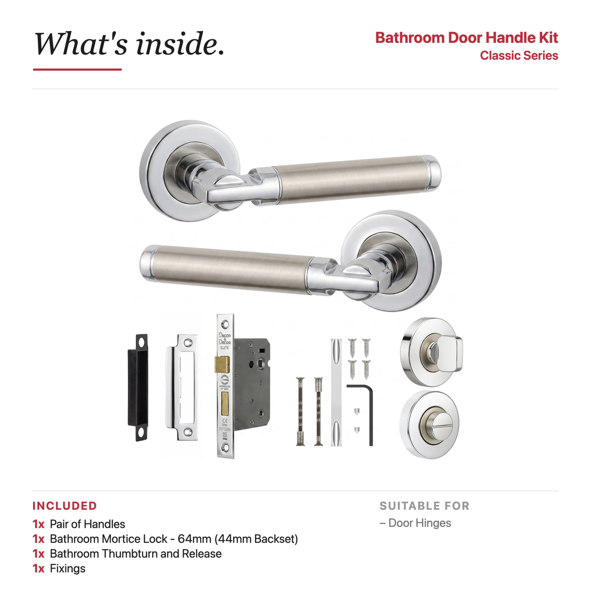 Enigma Duo Finish Bathroom Door Lever Handles – showing what's included in the box