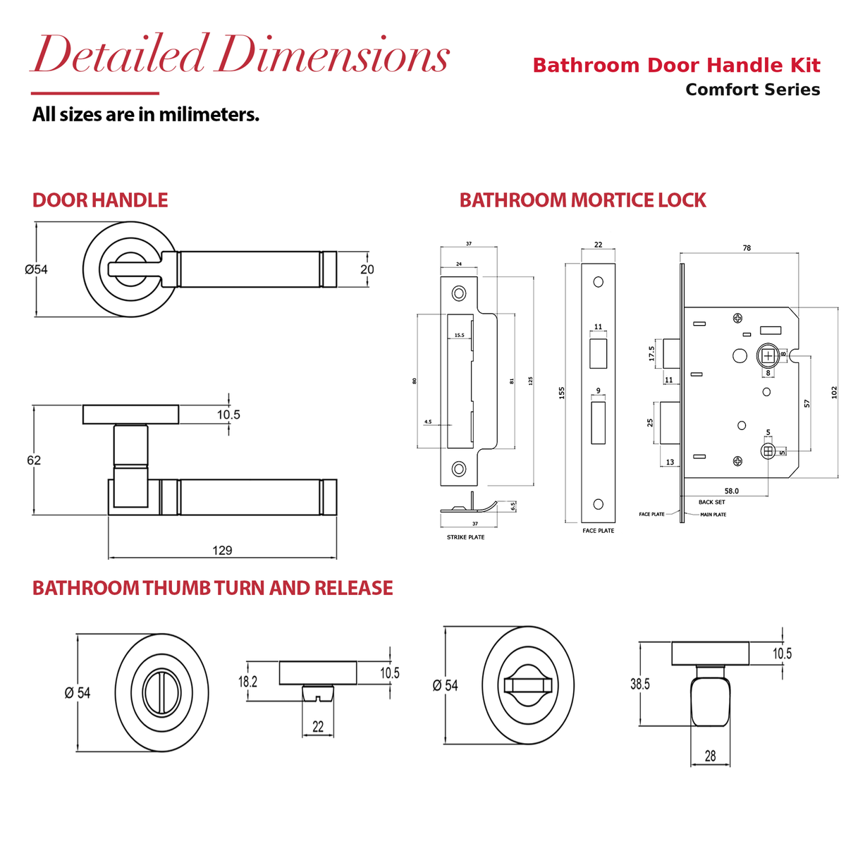 Enigma Duo Finish Bathroom Door Lever Handles – dimensions and measurements diagram