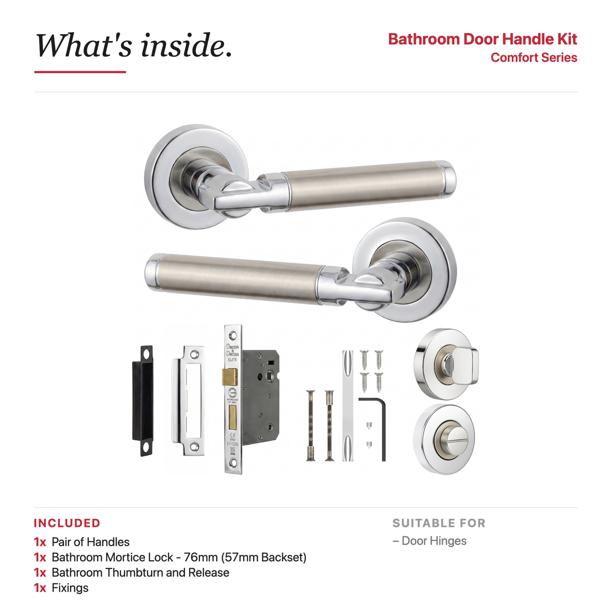 Enigma Duo Finish Bathroom Door Lever Handles – showing what's included in the box
