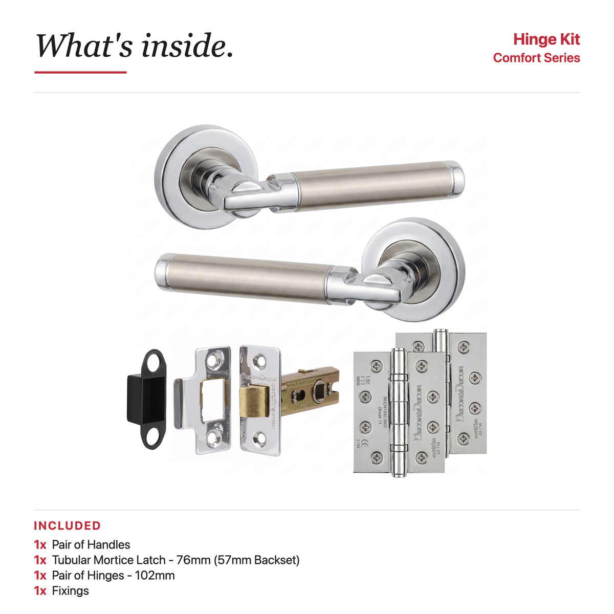 Enigma Duo Finish Passage Door Lever Handles – showing what's included in the box
