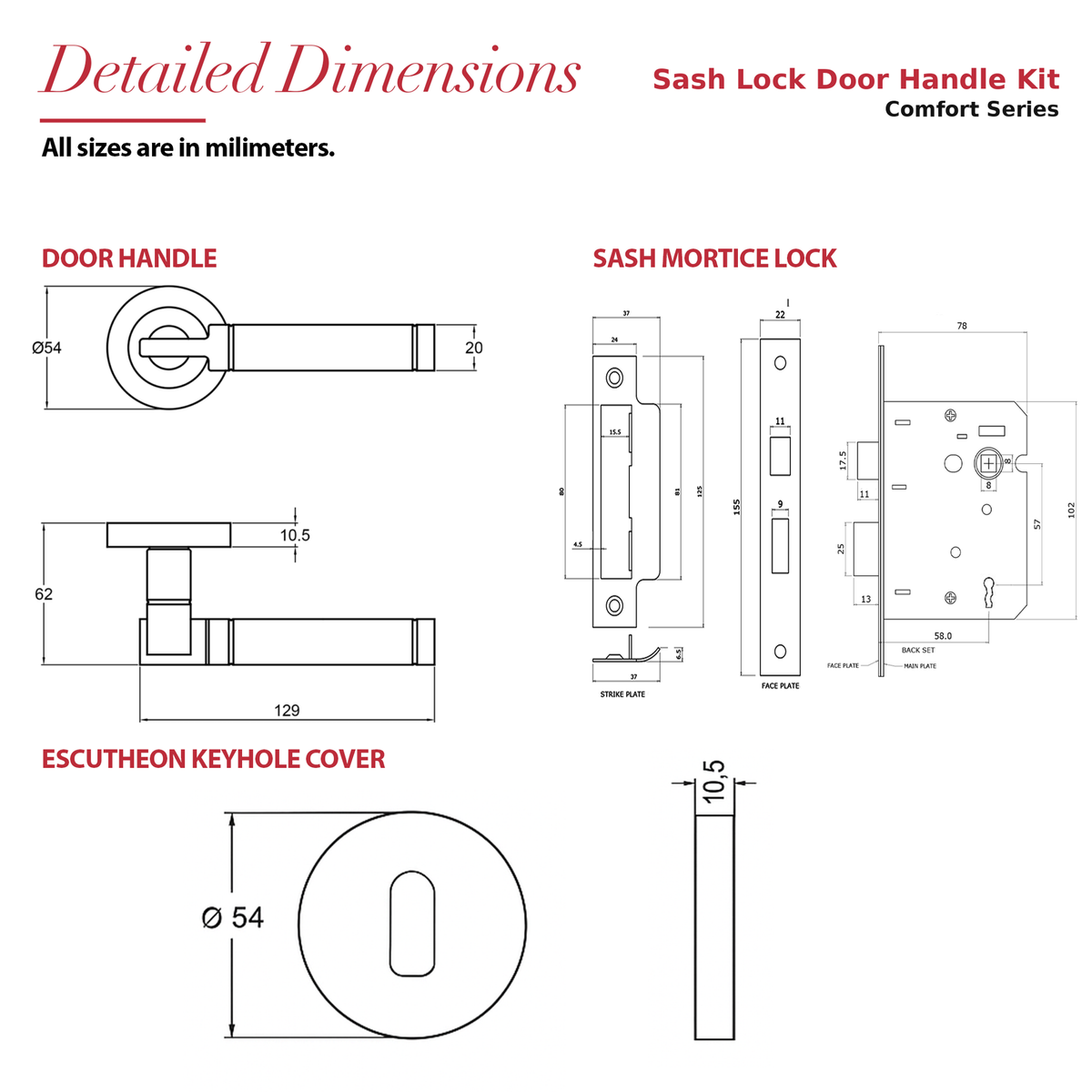 Enigma Duo Finish Privacy Door Lever Handles – dimensions and measurements diagram