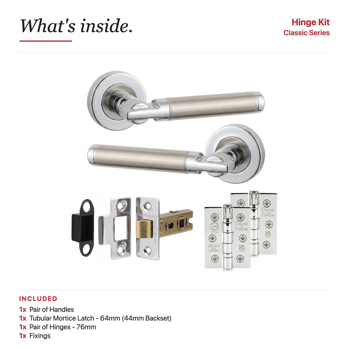 Enigma Duo Finish Passage Door Lever Handles – showing what's included in the box