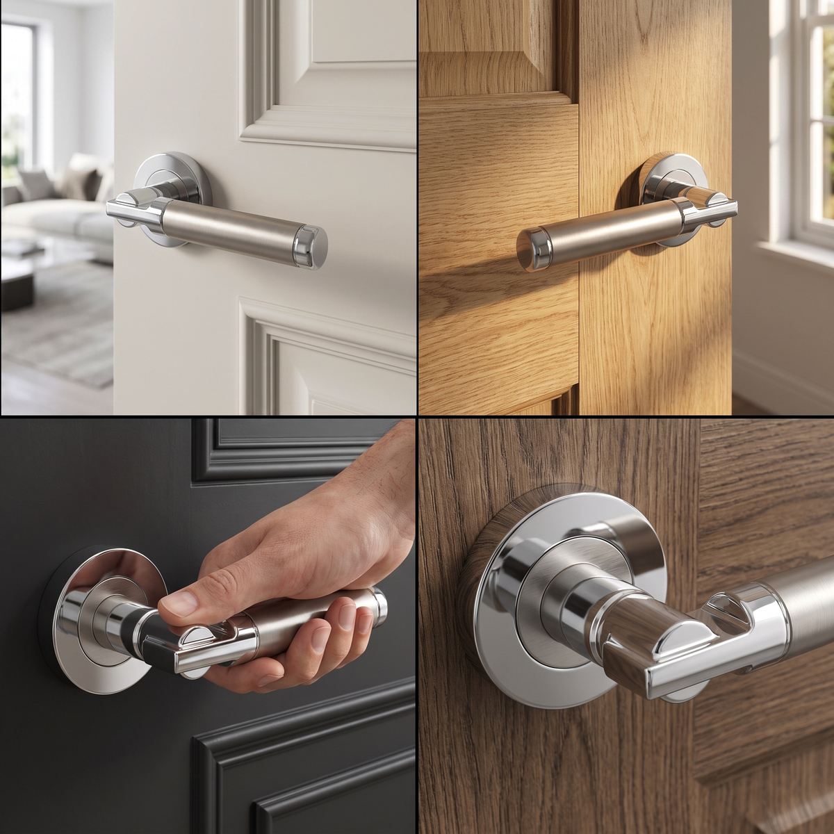 Enigma Duo Finish Bathroom Door Lever Handles – fitted on an interior door in a styled room setting