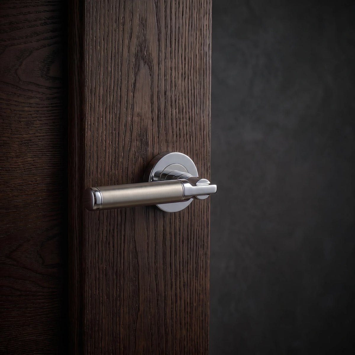 Enigma Duo Finish Door Lever Handles – fitted on an interior door in a styled room setting 3