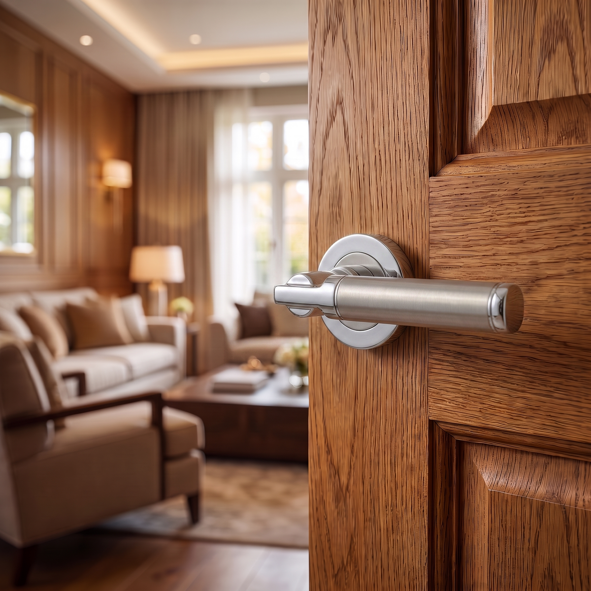 Enigma Duo Finish Door Lever Handles – fitted on an interior door in a styled room setting 4