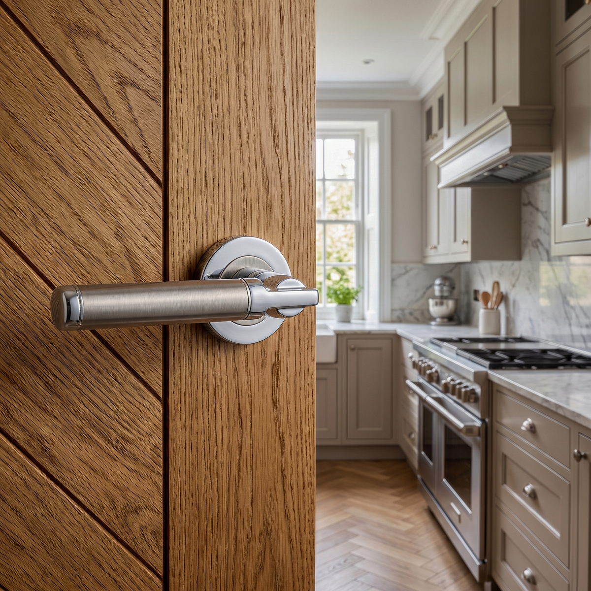 Enigma Duo Finish Door Lever Handles – fitted on an interior door in a styled room setting 5