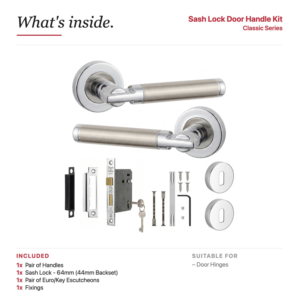 Enigma Duo Finish Privacy Door Lever Handles – showing what's included in the box