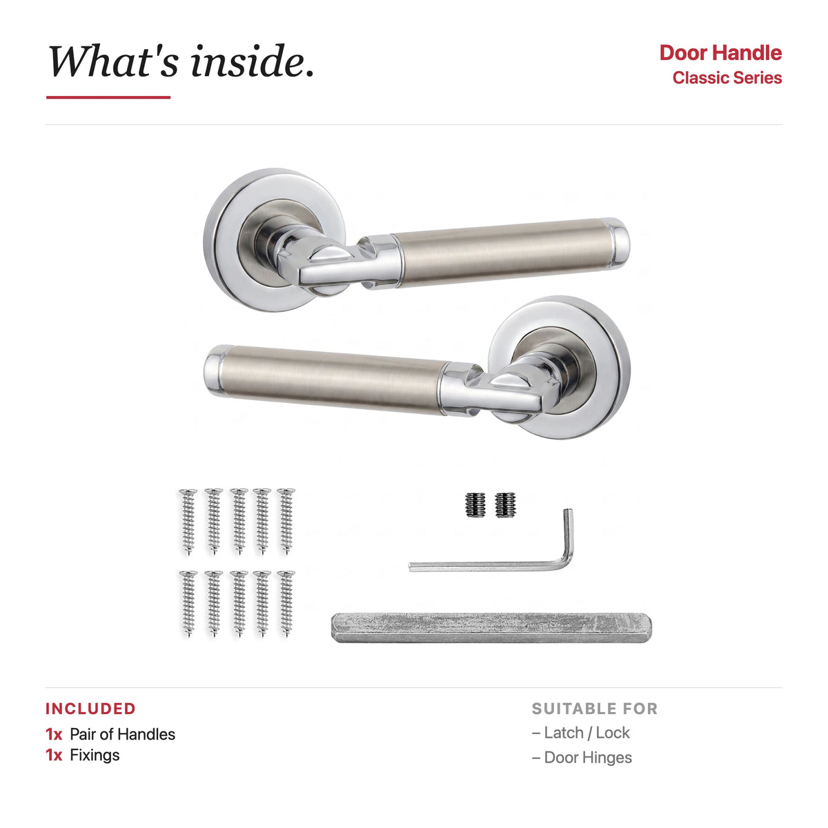 Enigma Duo Finish Door Lever Handles – showing what's included in the box