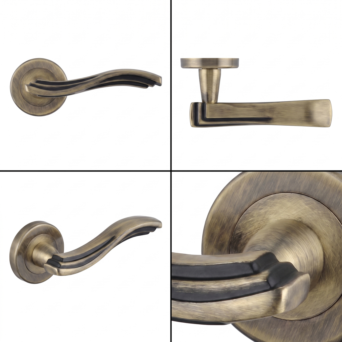 Solace Antique Brass Passage Door Lever Handles – shown from multiple angles