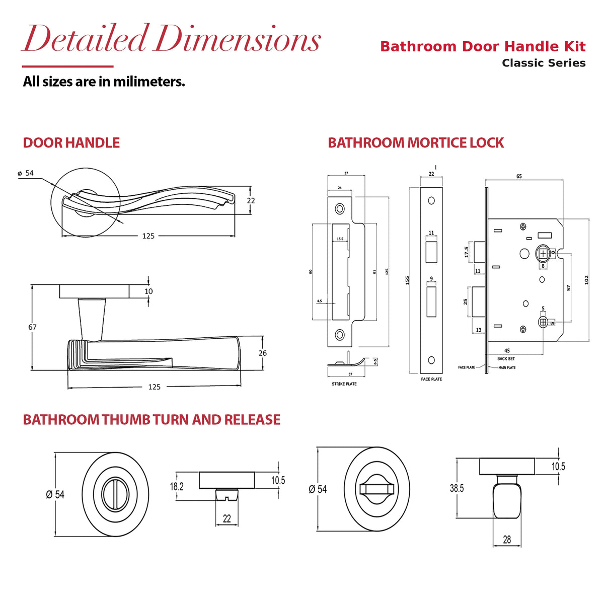 Solace Antique Brass Bathroom Door Lever Handles – dimensions and measurements diagram