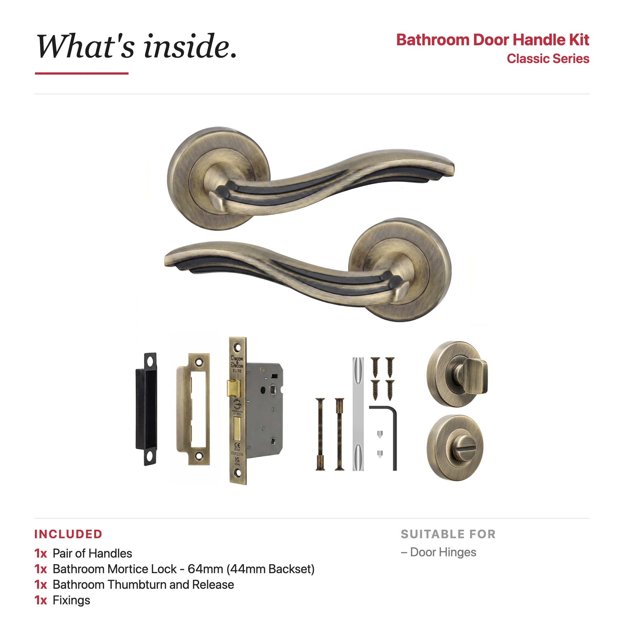 Solace Antique Brass Bathroom Door Lever Handles – showing what's included in the box