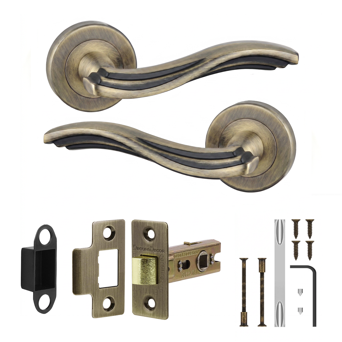 Solace Antique Brass Passage Door Lever Handles - Latch Kit 76mm