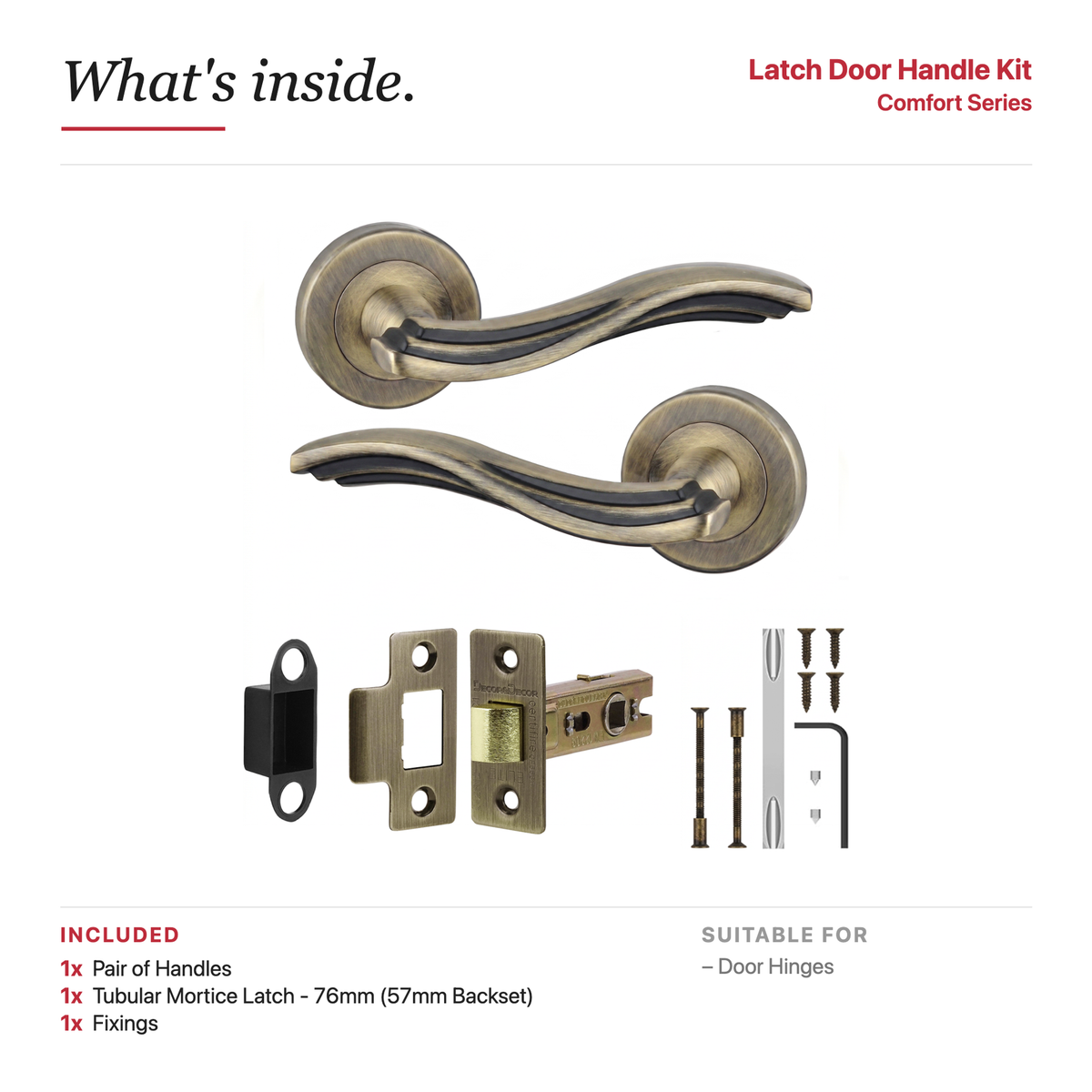 Solace Antique Brass Passage Door Lever Handles – showing what's included in the box