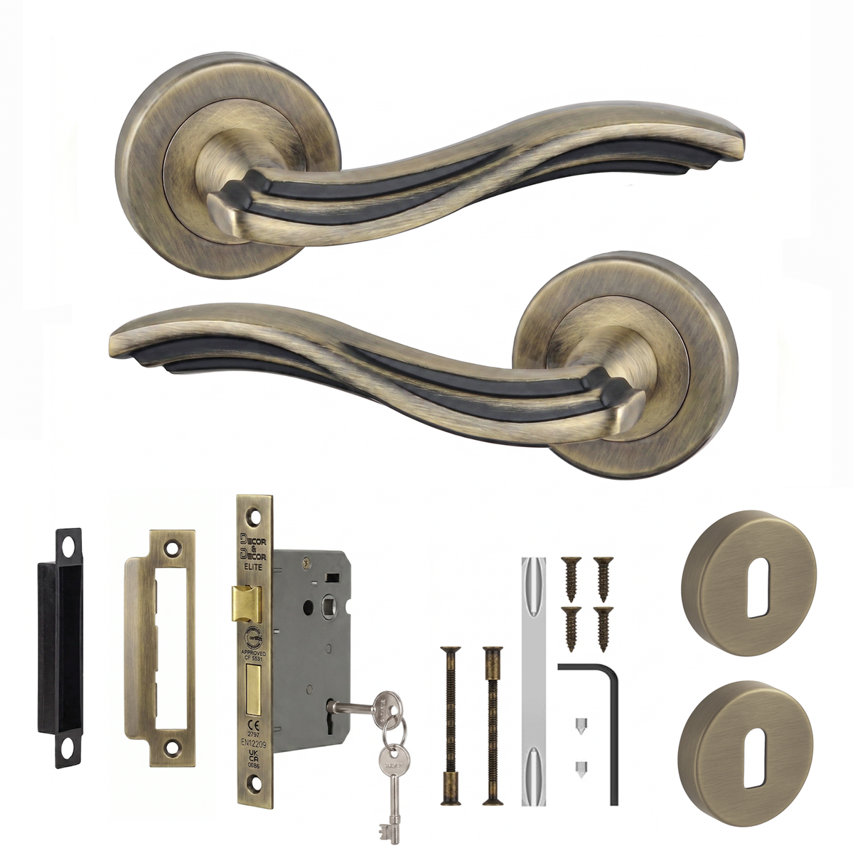 Solace Antique Brass Privacy Door Lever Handles - Sash Lock Kit 76mm