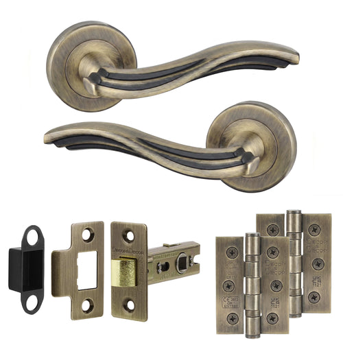 Solace Antique Brass Passage Door Lever Handles - Latch And Hinge Set