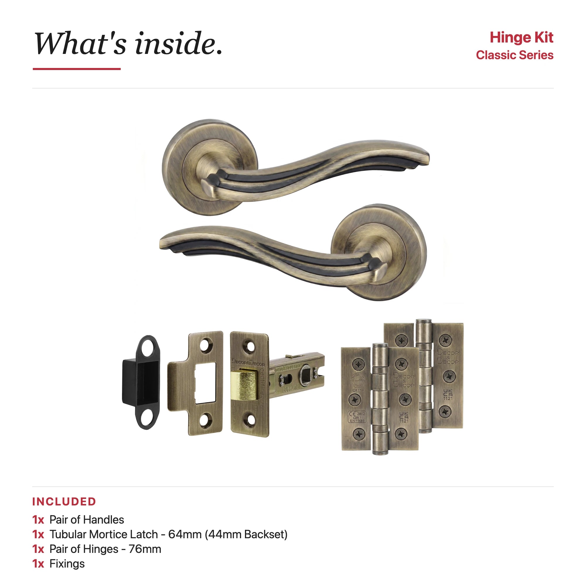 Solace Antique Brass Passage Door Lever Handles – showing what's included in the box