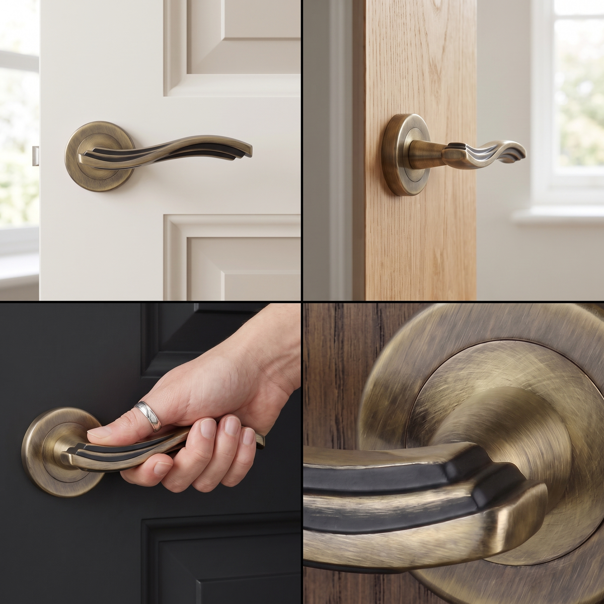 Solace Antique Brass Passage Door Lever Handles – fitted on an interior door in a styled room setting