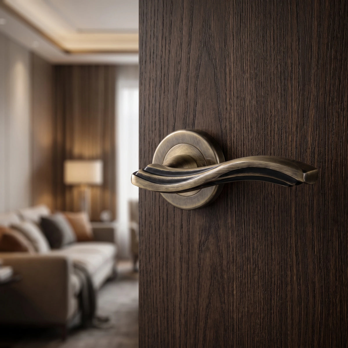 Solace Antique Brass Privacy Door Lever Handles – fitted on an interior door in a styled room setting 4
