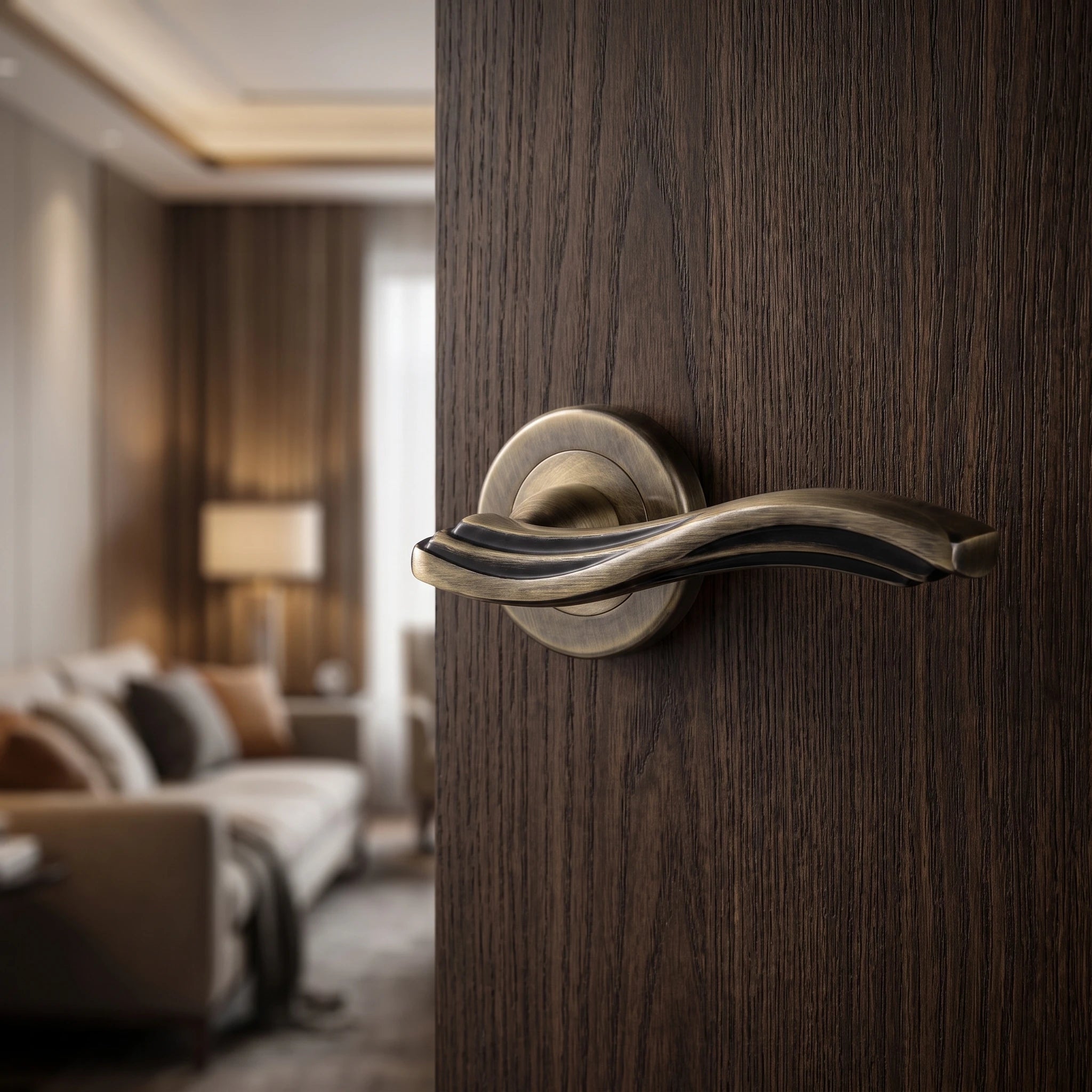 Solace Antique Brass Bathroom Door Lever Handles – fitted on an interior door in a styled room setting 4