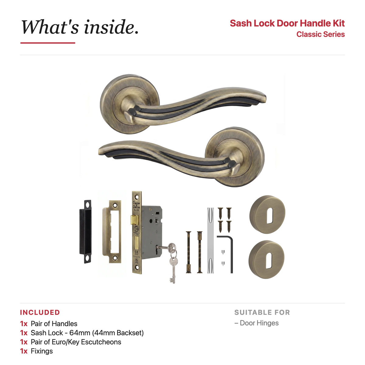 Solace Antique Brass Privacy Door Lever Handles – showing what's included in the box