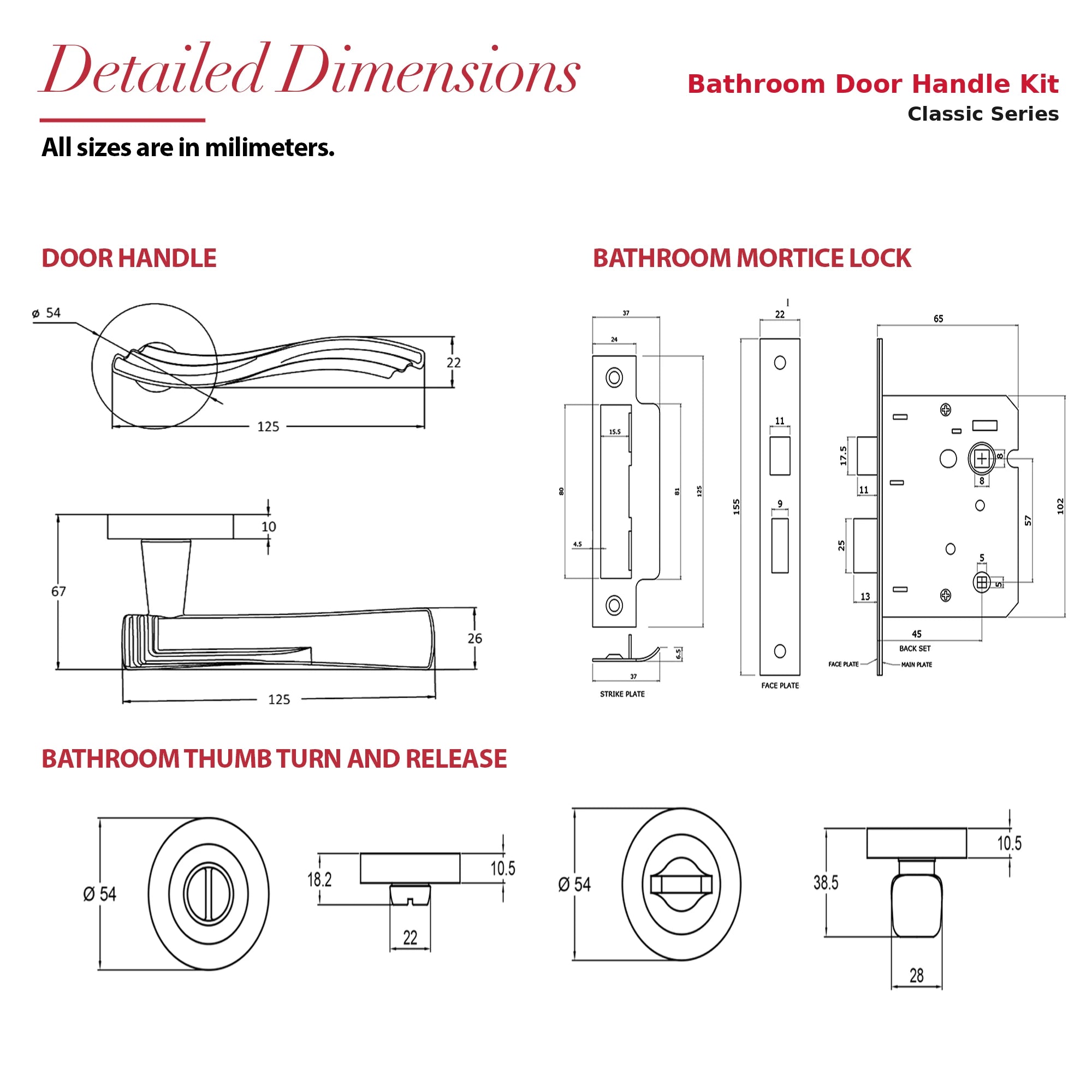 Solace Satin Nickel Bathroom Door Lever Handles – dimensions and measurements diagram