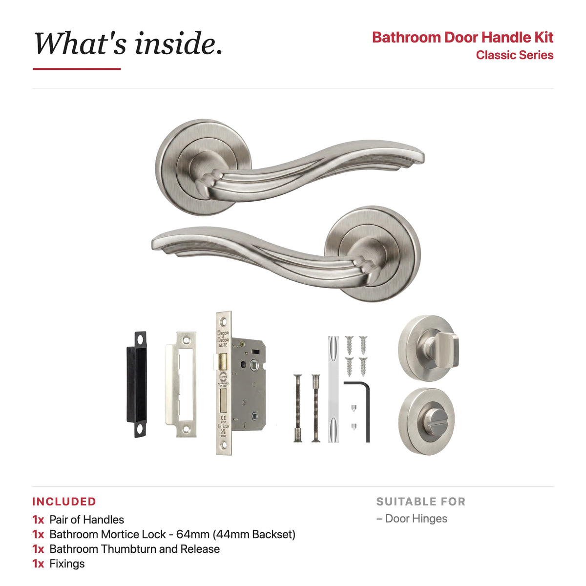 Solace Satin Nickel Bathroom Door Lever Handles – showing what's included in the box
