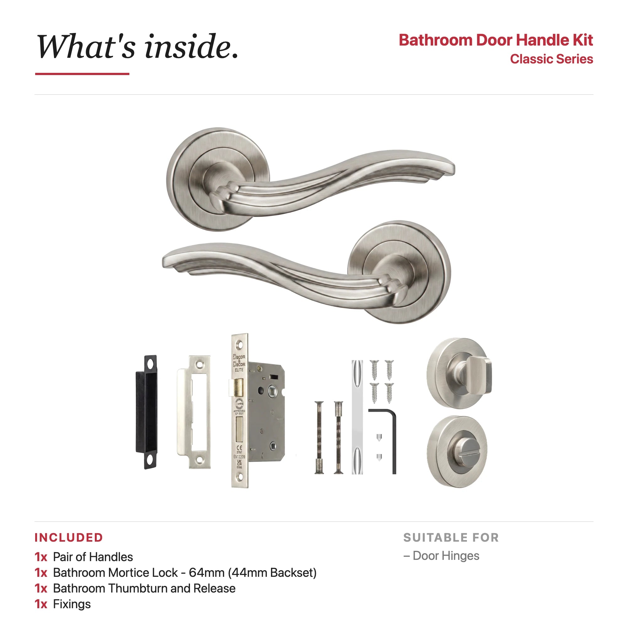 Solace Satin Nickel Bathroom Door Lever Handles – showing what's included in the box