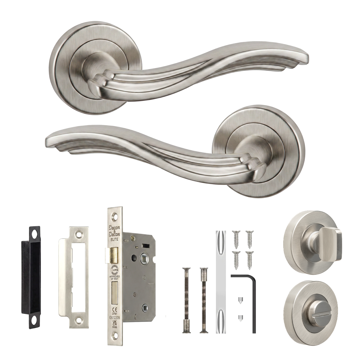 Solace Satin Nickel Bathroom Door Lever Handles - Bathroom Kit 76mm
