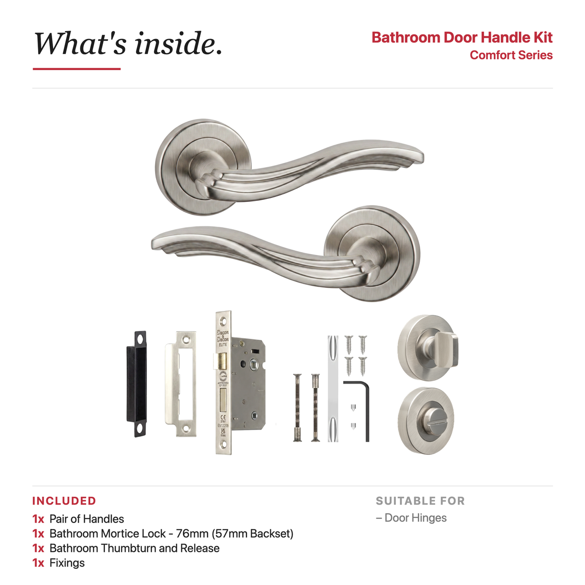 Solace Satin Nickel Bathroom Door Lever Handles – showing what's included in the box