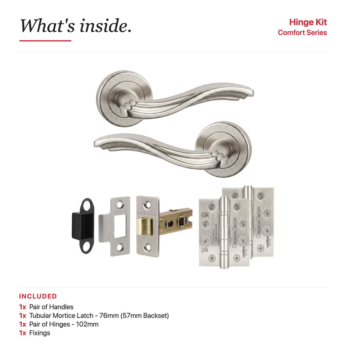Solace Satin Nickel Passage Door Lever Handles – showing what's included in the box