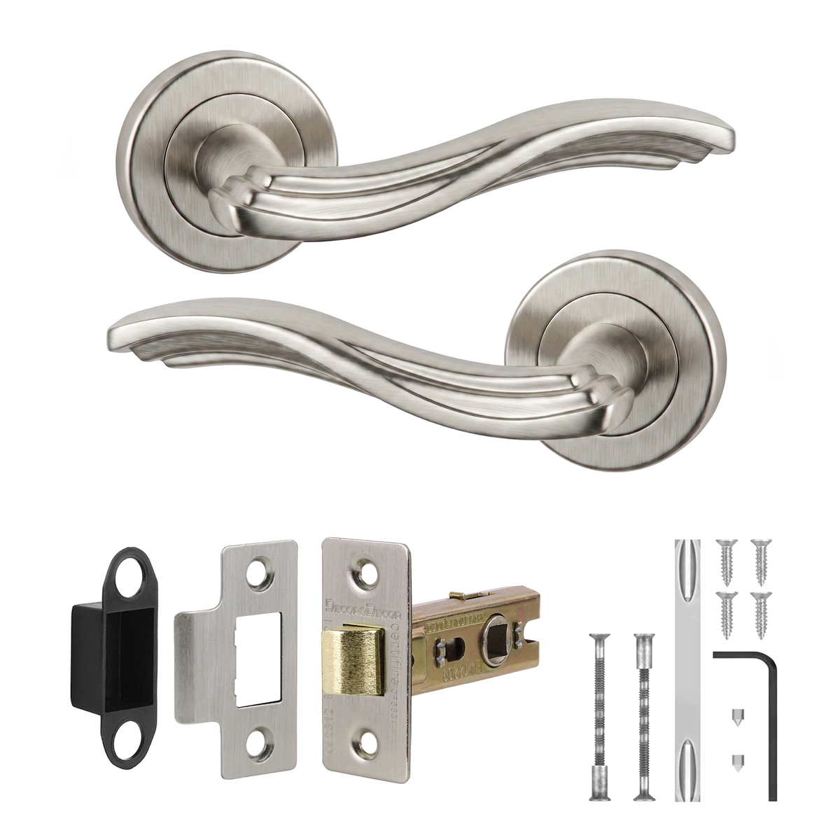 Solace Satin Nickel Passage Door Lever Handles - Latch Kit 76mm