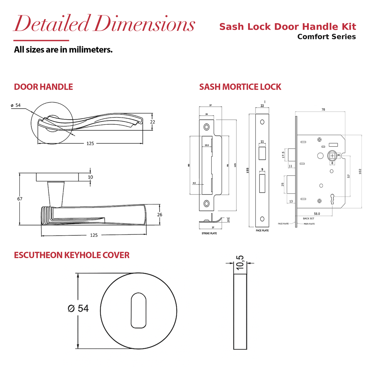 Solace Satin Nickel Privacy Door Lever Handles – dimensions and measurements diagram