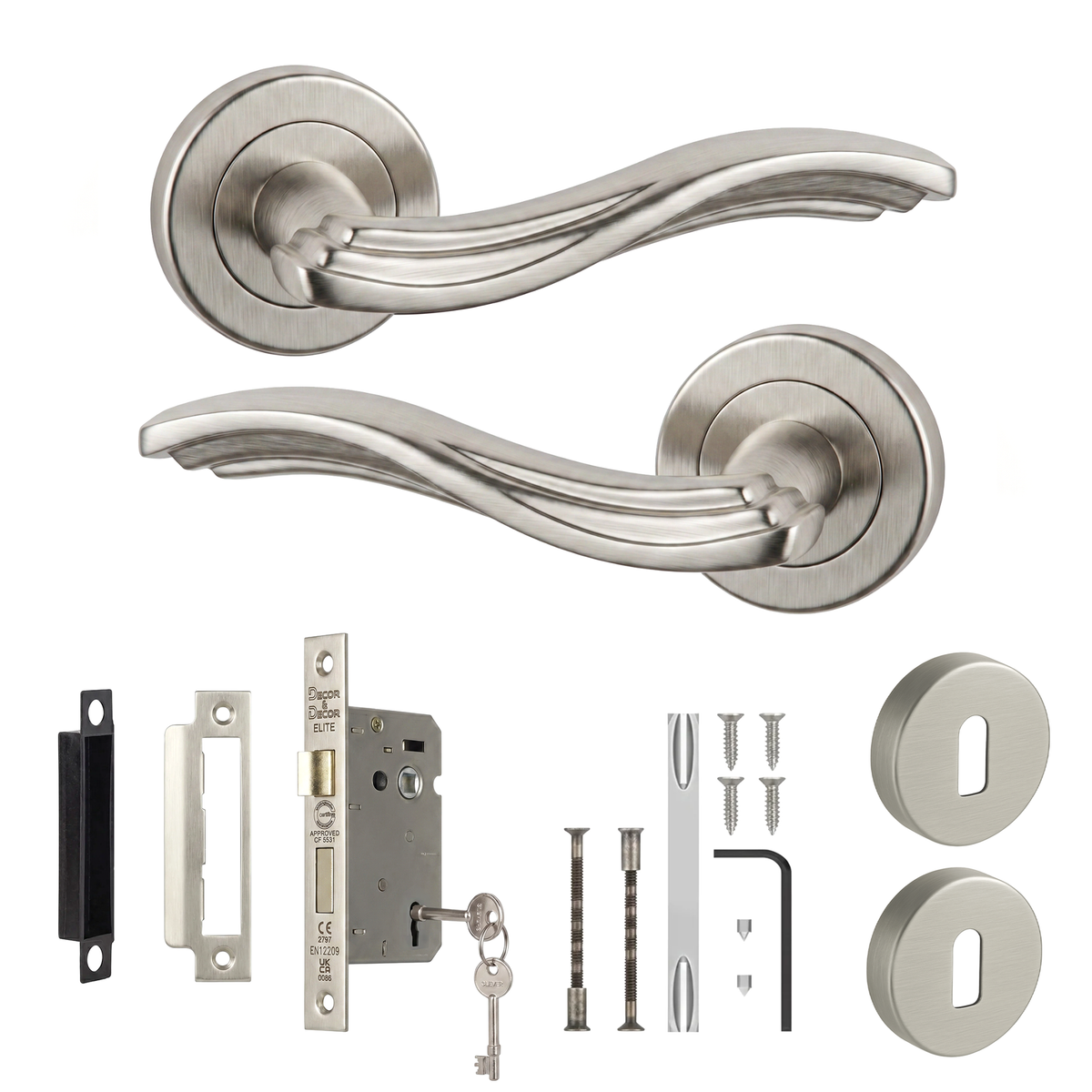 Solace Satin Nickel Privacy Door Lever Handles - Sash Lock Kit 76mm