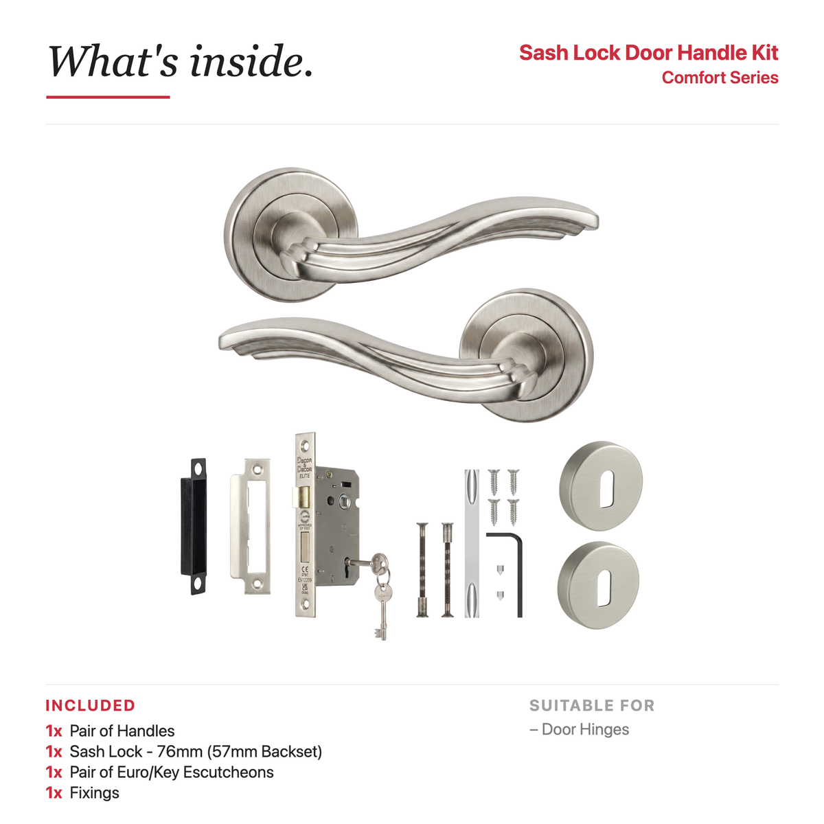 Solace Satin Nickel Privacy Door Lever Handles – showing what's included in the box