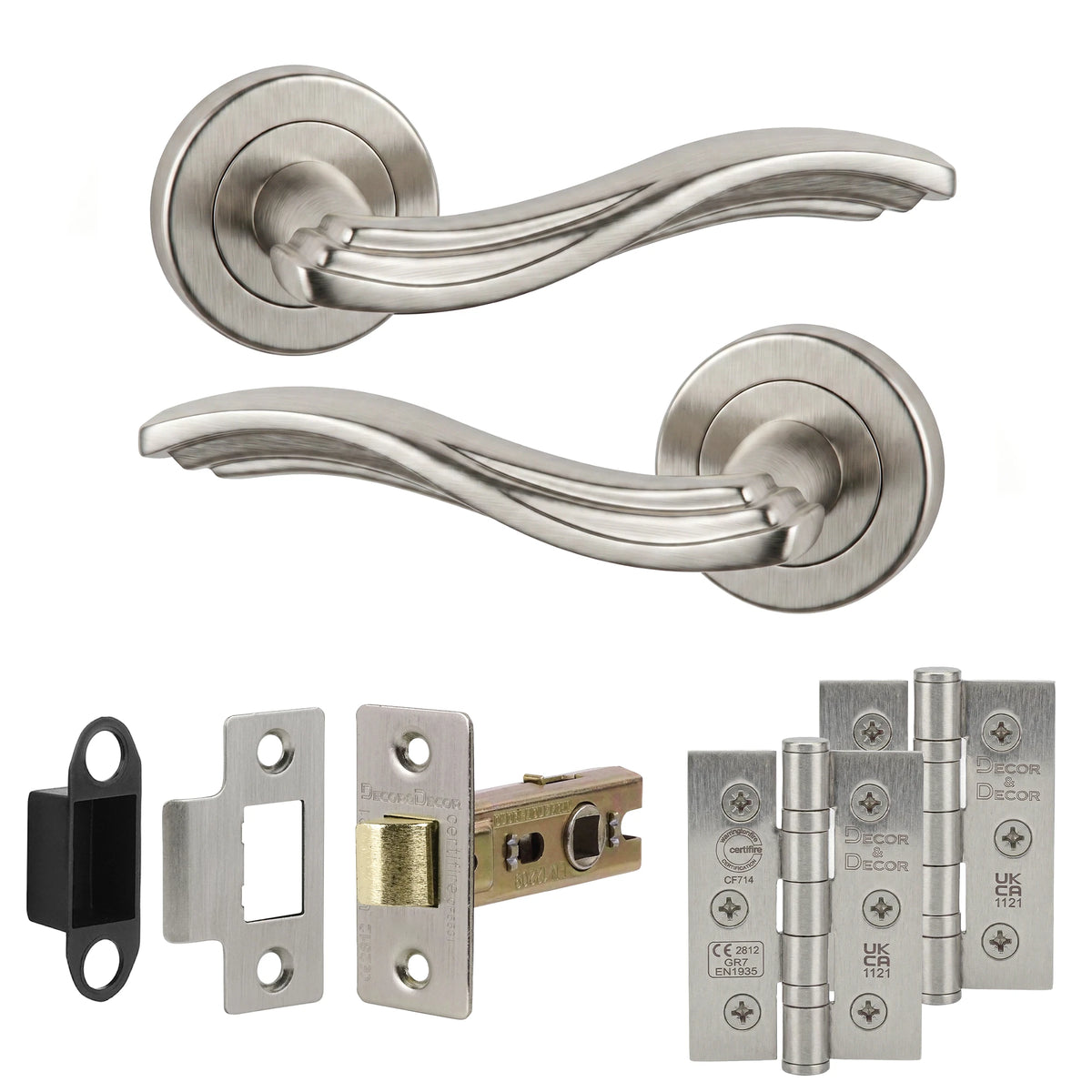 Solace Satin Nickel Passage Door Lever Handles - Latch And Hinge Set