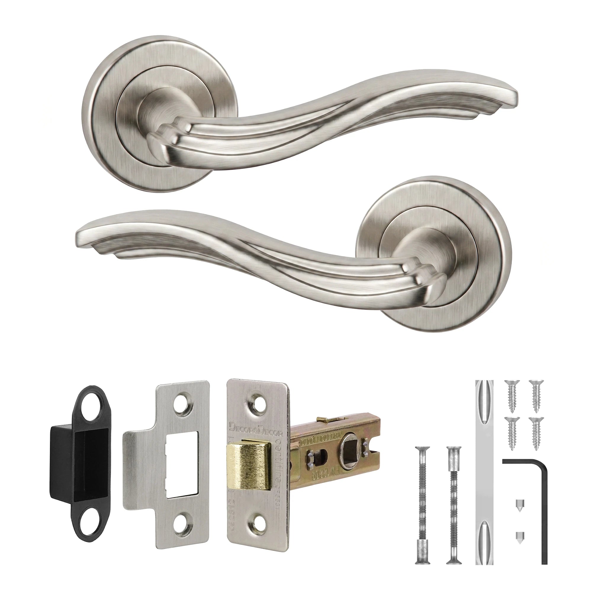 Solace Satin Nickel Passage Door Lever Handles - Latch Kit Set