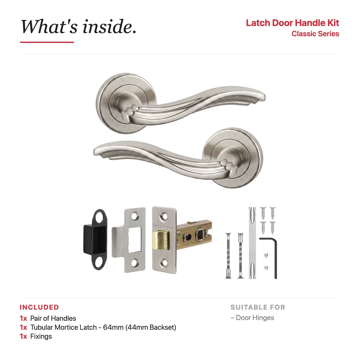 Solace Satin Nickel Passage Door Lever Handles – showing what's included in the box