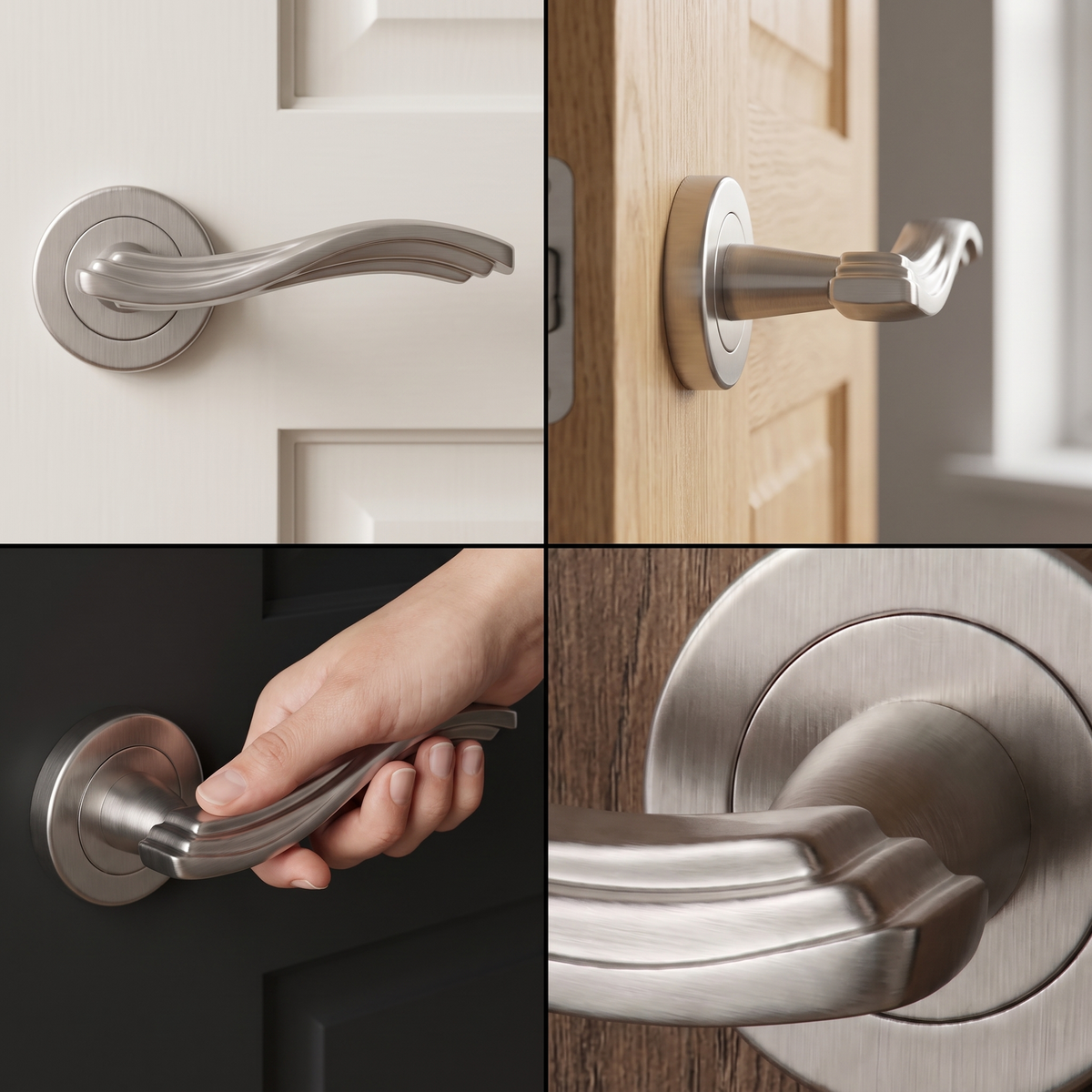 Solace Satin Nickel Bathroom Door Lever Handles – fitted on an interior door in a styled room setting