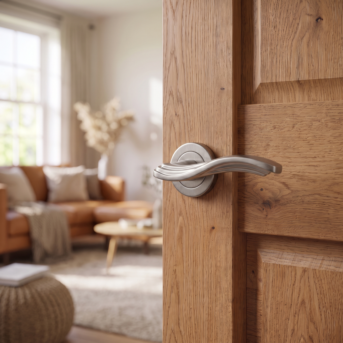 Solace Satin Nickel Passage Door Lever Handles – fitted on an interior door in a styled room setting 2