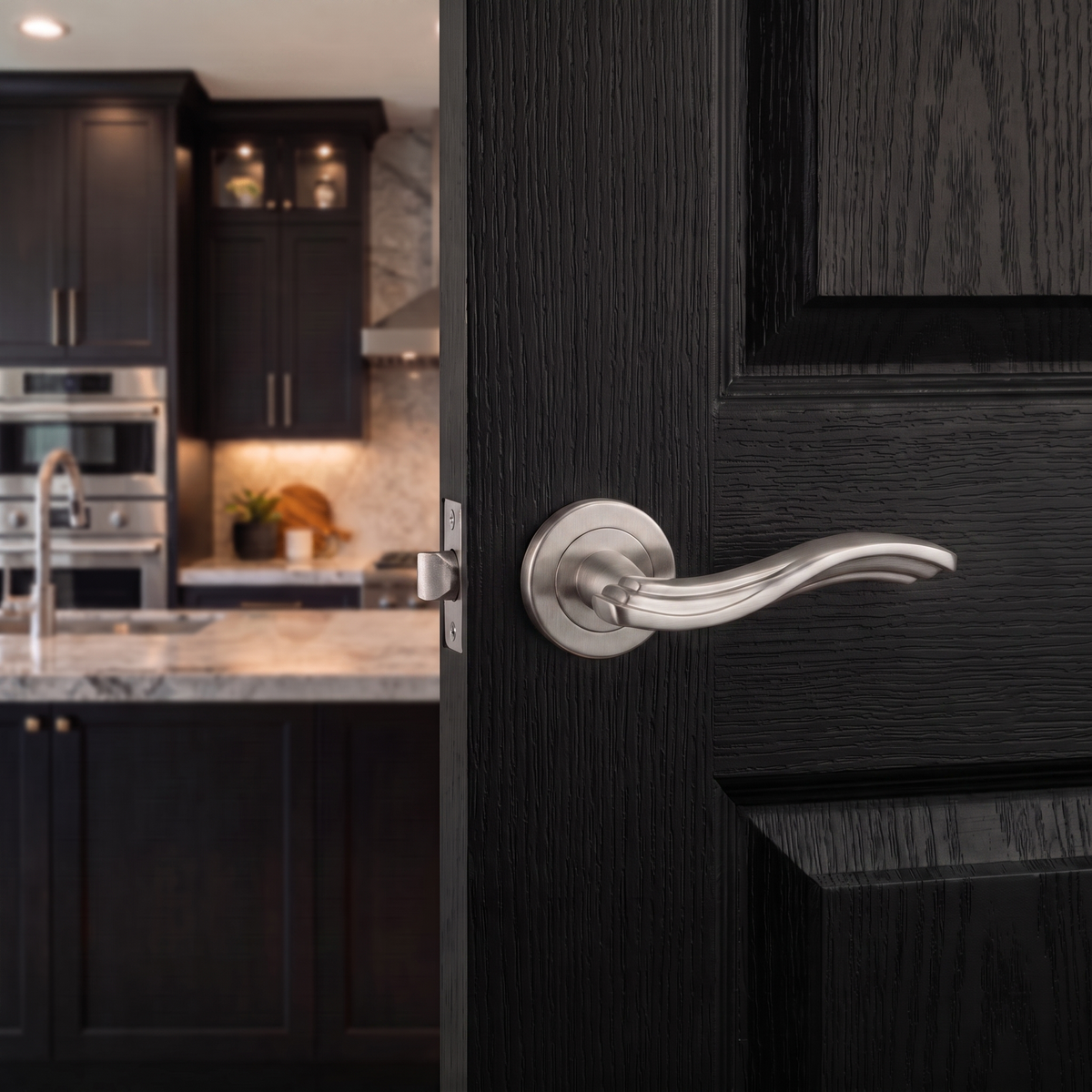 Solace Satin Nickel Door Lever Handles – fitted on an interior door in a styled room setting 3