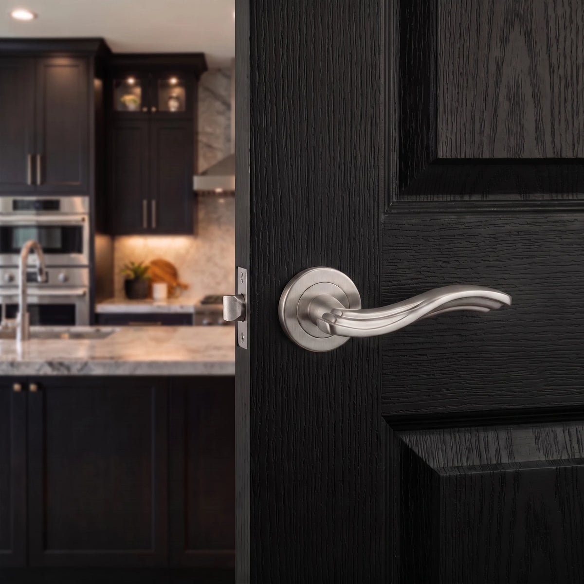 Solace Satin Nickel Door Lever Handles – fitted on an interior door in a styled room setting 3