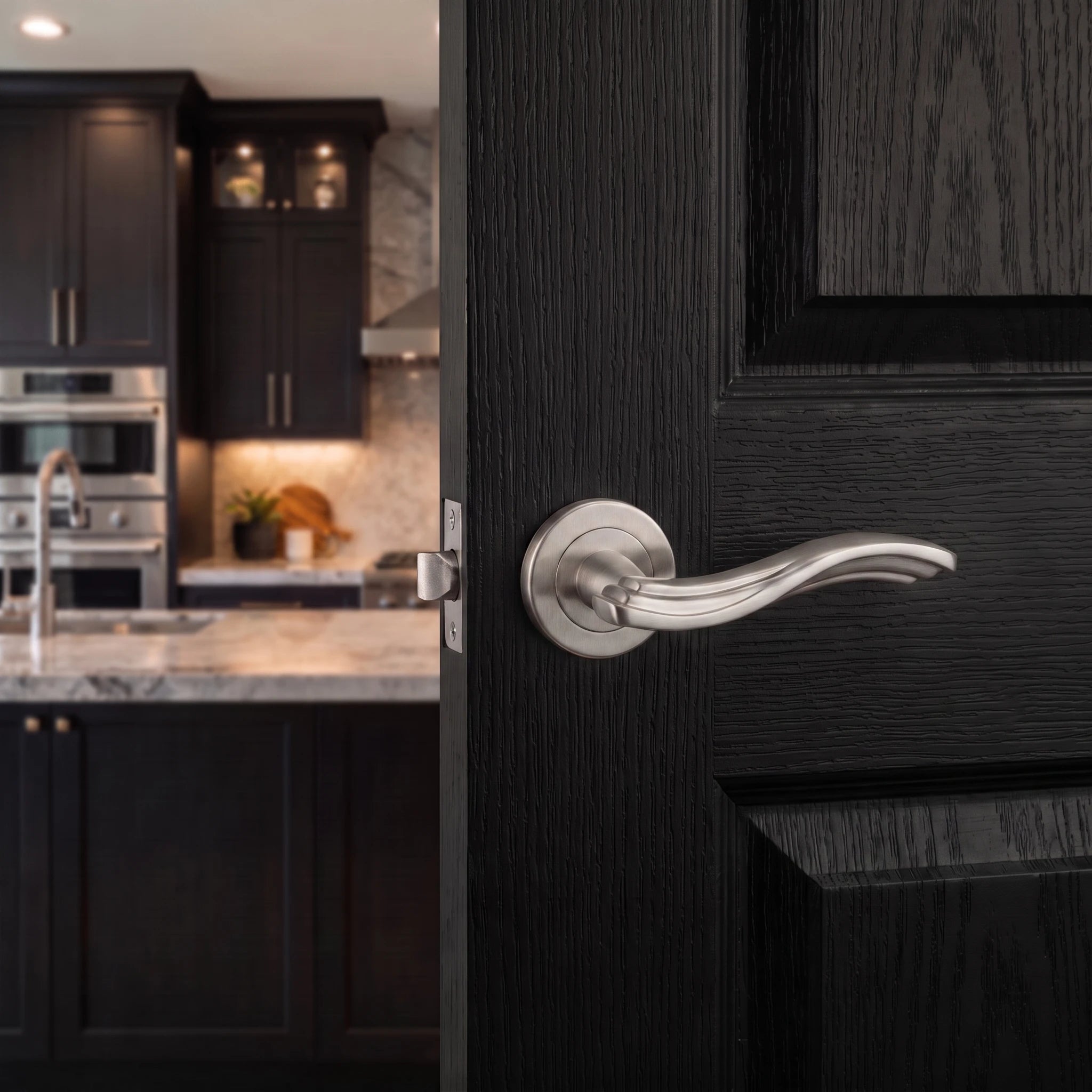 Solace Satin Nickel Privacy Door Lever Handles – fitted on an interior door in a styled room setting 3