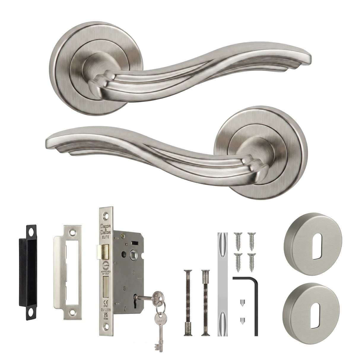 Solace Satin Nickel Privacy Door Lever Handles - Sash Lock Kit Set