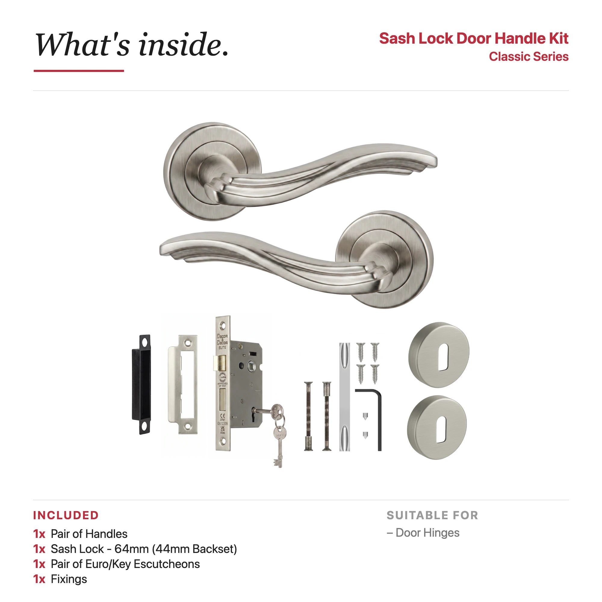 Solace Satin Nickel Privacy Door Lever Handles – showing what's included in the box