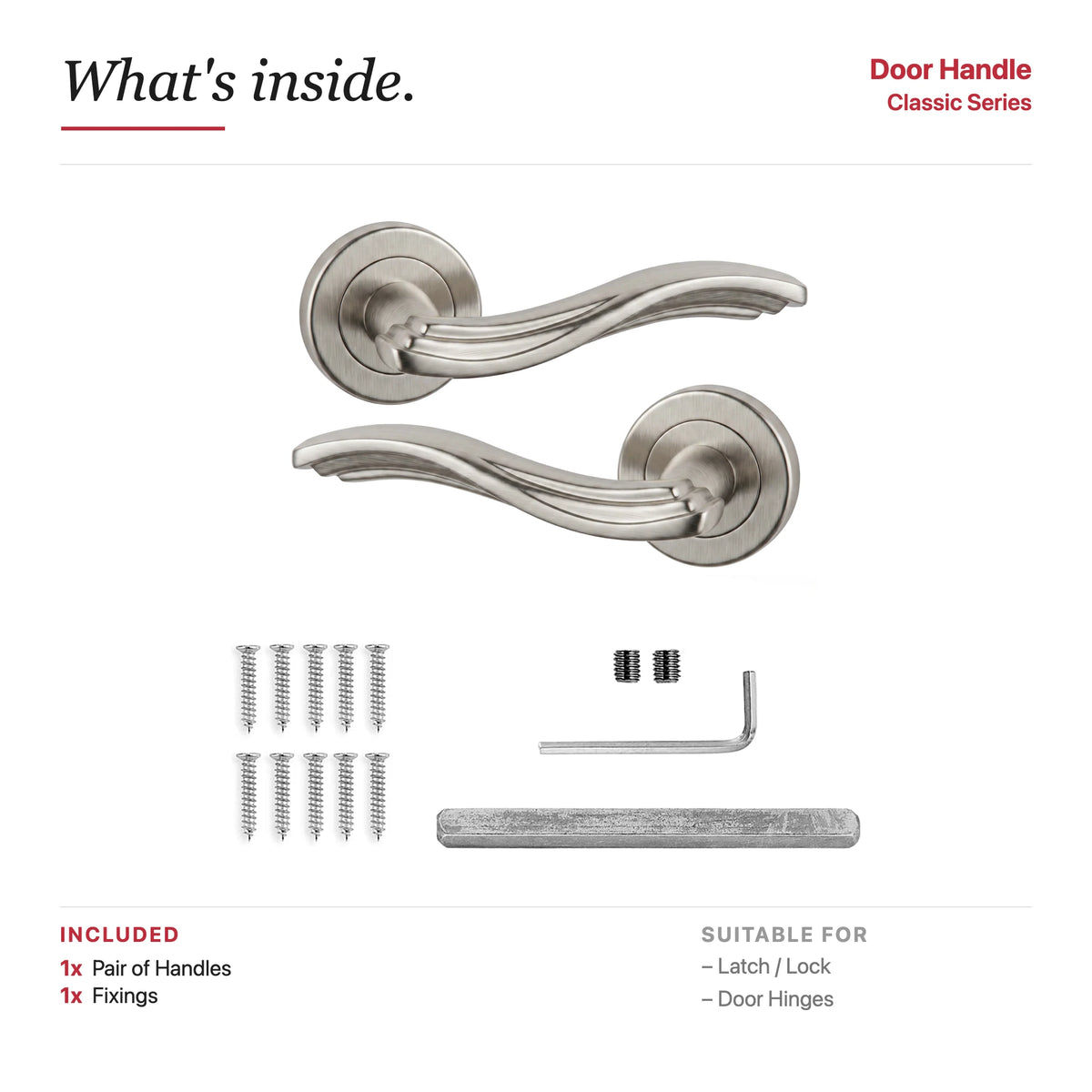 Solace Satin Nickel Door Lever Handles – showing what's included in the box