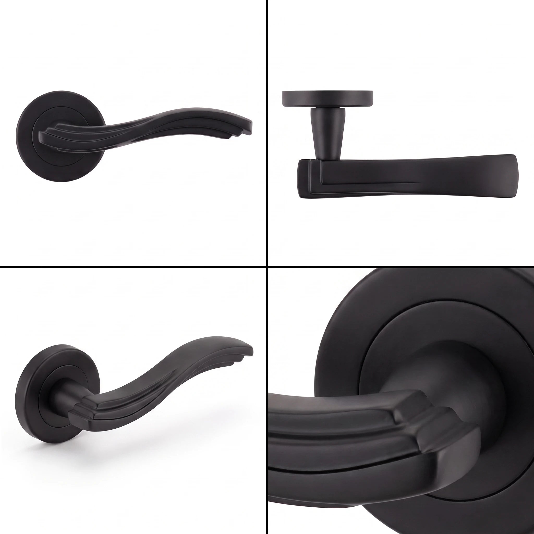 Solace Matt Black Privacy Door Lever Handles – shown from multiple angles
